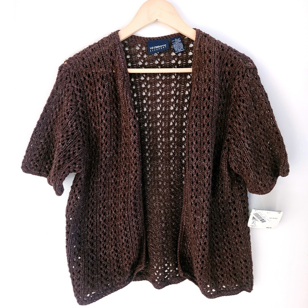 Liz Claiborne Cardigan Women XL Brown NWT Lizsport Short Sleeve Knit Shimmer